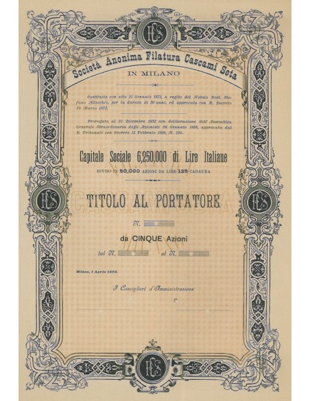 SOC. ANON. FILATURA CASCAMI SETA - 5 AZIONI MILANO 1898