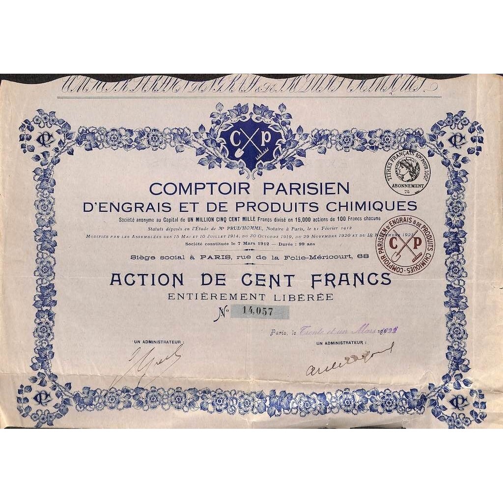1922 - COMPTOIR PARISIEN D'ENGRAIS ET DE...