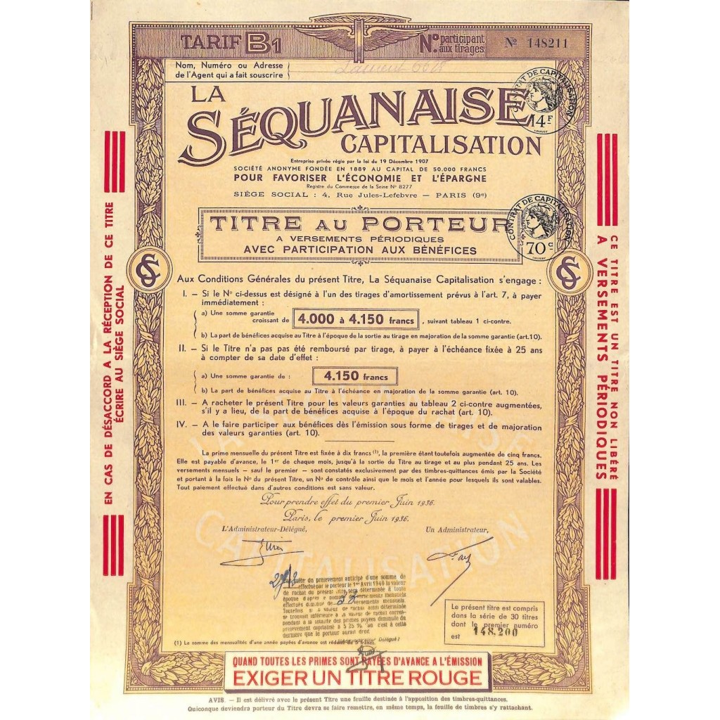 1936 - LA SEQUANAISE CAPITALISATION
