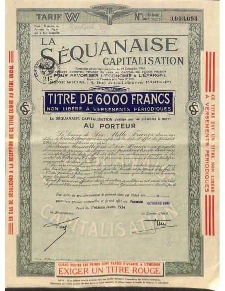 1934 - LA SEQUANAISE CAPITALISATION