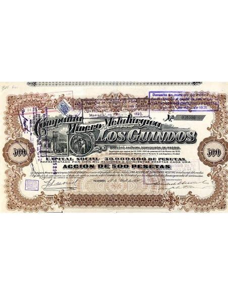1920 - COMPANIA MINERO METALURGICA LOS GUINDOS - 1 AZIONE da 500 PESETAS - MADRID