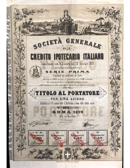 1873 - SOCIETA' GENERALE DI CREDITO IPOTECARIO ITALIANO - 1 AZIONE - ROMA