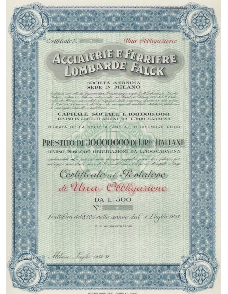 ACCIAIERIE E FERRIERE LOMBARDE FALCK - 1 OBBLIGAZIONE MILANO 1933
