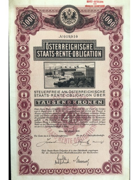 STAATS RENTE OBLIGATION 1000 KRONEN - 1909