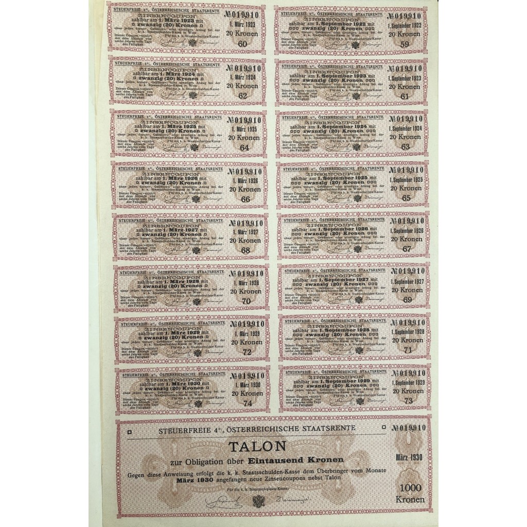 STAATS RENTE OBLIGATION 1000 KRONEN - 1909