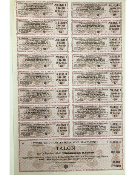 STAATS RENTE OBLIGATION 1000 KRONEN - 1909