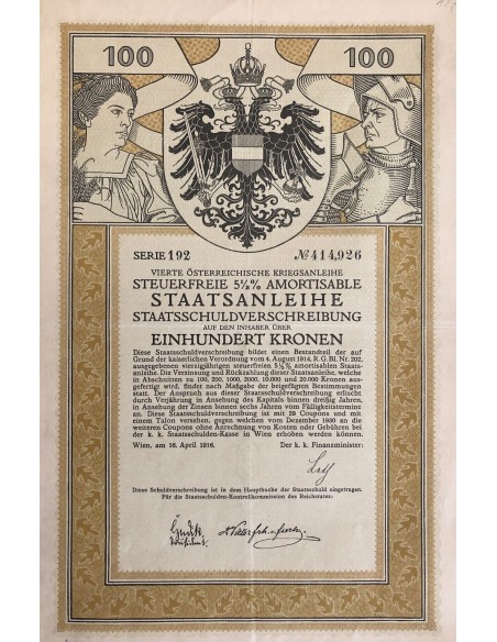 OSTERREICHISCHE STAATSANLEIHE 100 KRONEN - 1916