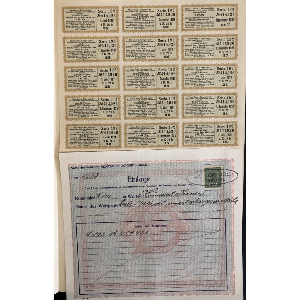 OSTERREICHISCHE STAATSANLEIHE 100 KRONEN - 1916
