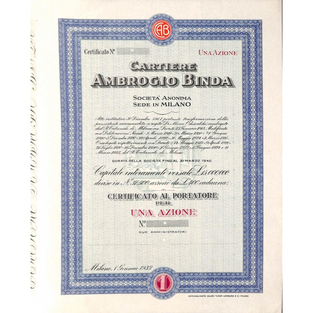 CARTIERE AMBROGIO BINDA - 1 AZIONE MILANO 1932