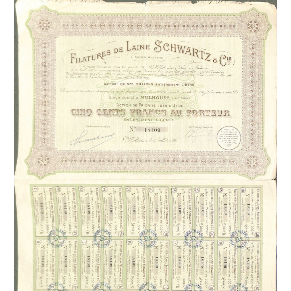 1922 - FILATURES DE LAINE SCHWARTZ ET C.IE