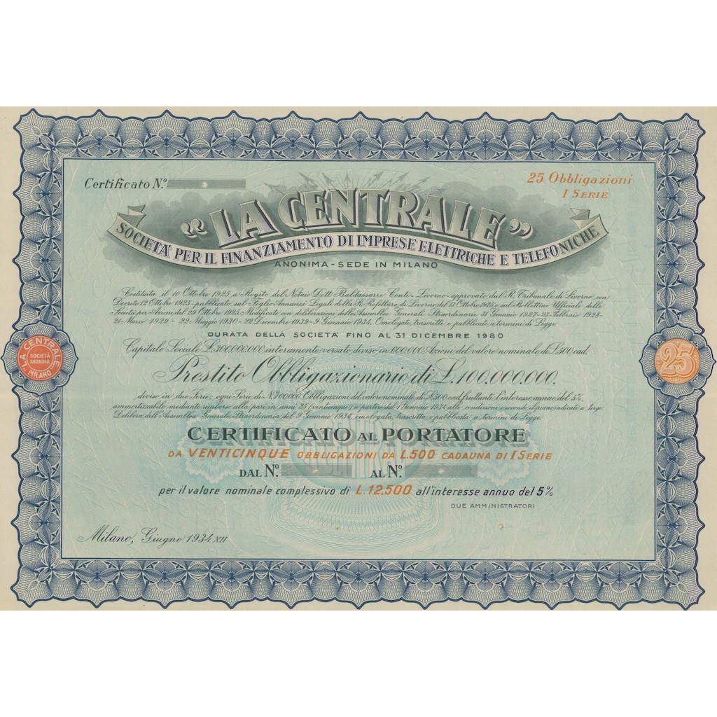 LA CENTRALE - 25 OBBLIGAZIONI MILANO 1934