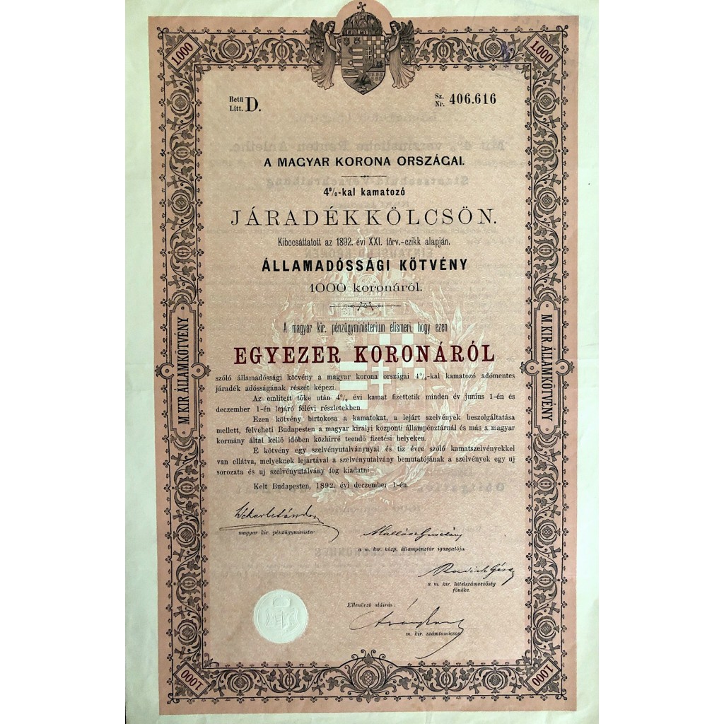 MAGYAR KORONA ORSZAGAI - 1000 KORONAROL - BUDAPEST 1892