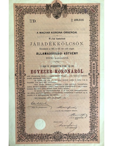 MAGYAR KORONA ORSZAGAI - 1000 KORONAROL - BUDAPEST 1892