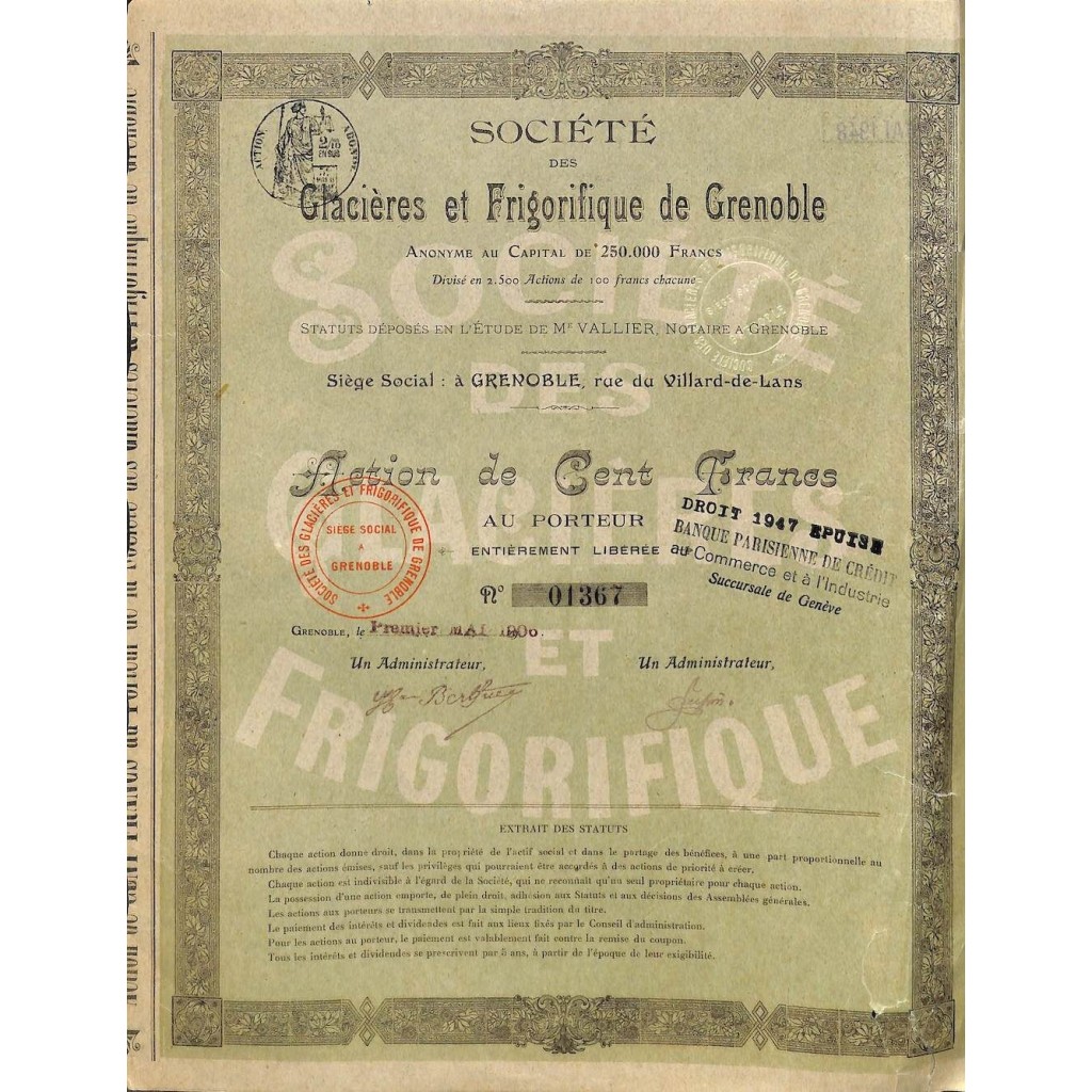 1906 - GLACIERES ET FRIGORIFIQUE DE GRENOBLE...