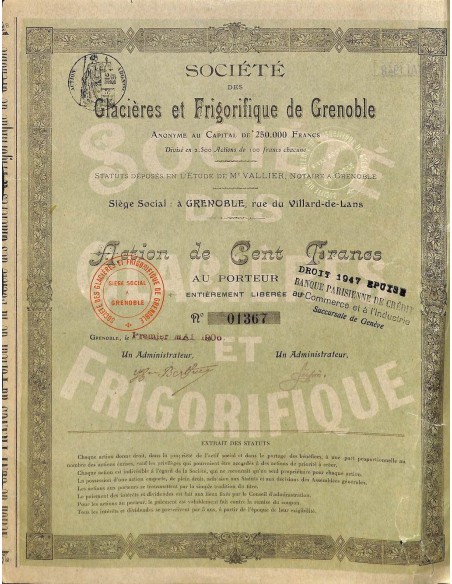 1906 - GLACIERES ET FRIGORIFIQUE DE GRENOBLE SOC. DES