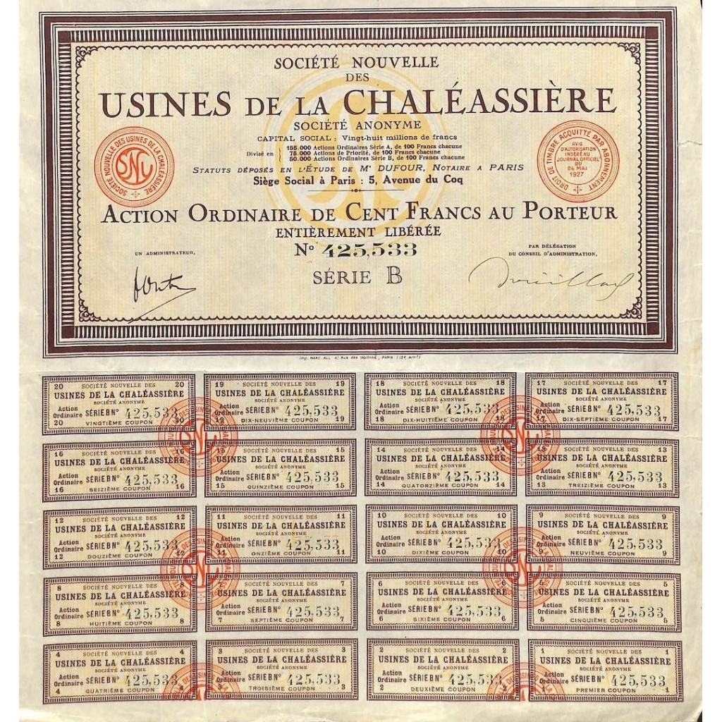 1927 - USINES DE LA CHALEASSIERE SOC. NOUVELLE DES