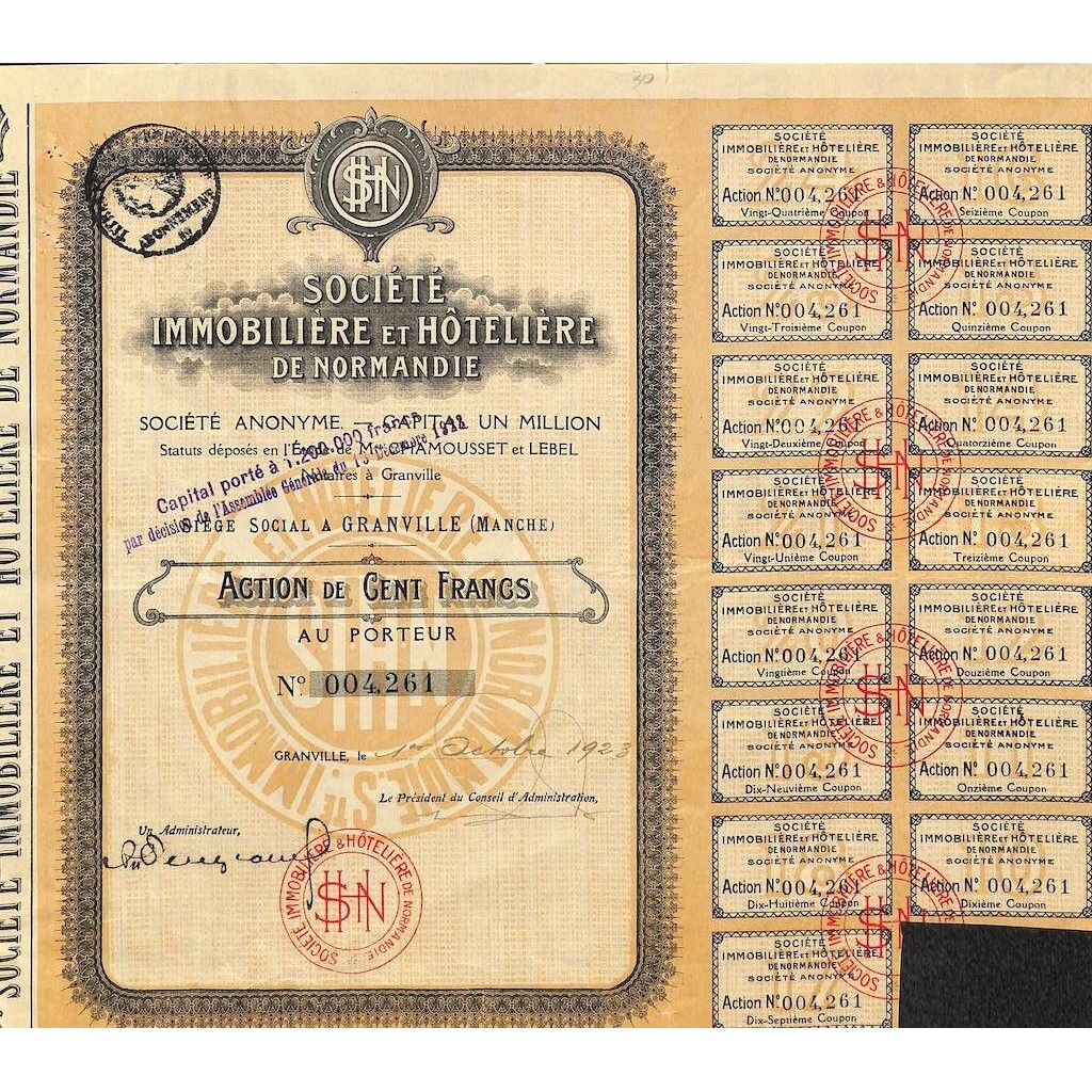 1923 - IMMOBILIERE ET HOTELIERE DE NORMANDIE SOC.