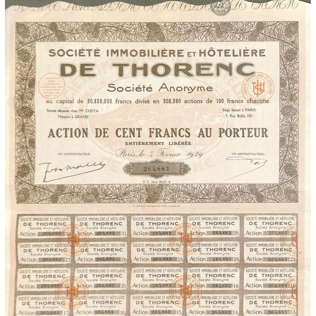 1929 - DE THORENC SOC. IMMOBILIERE ET HOTELIERE