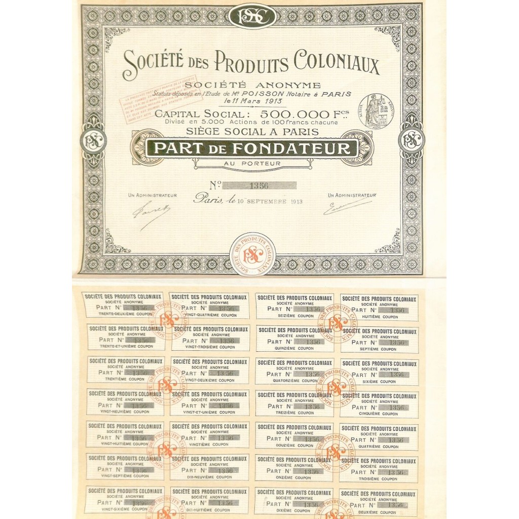 1913 - PRODUITS COLONIAUX SOC. DES