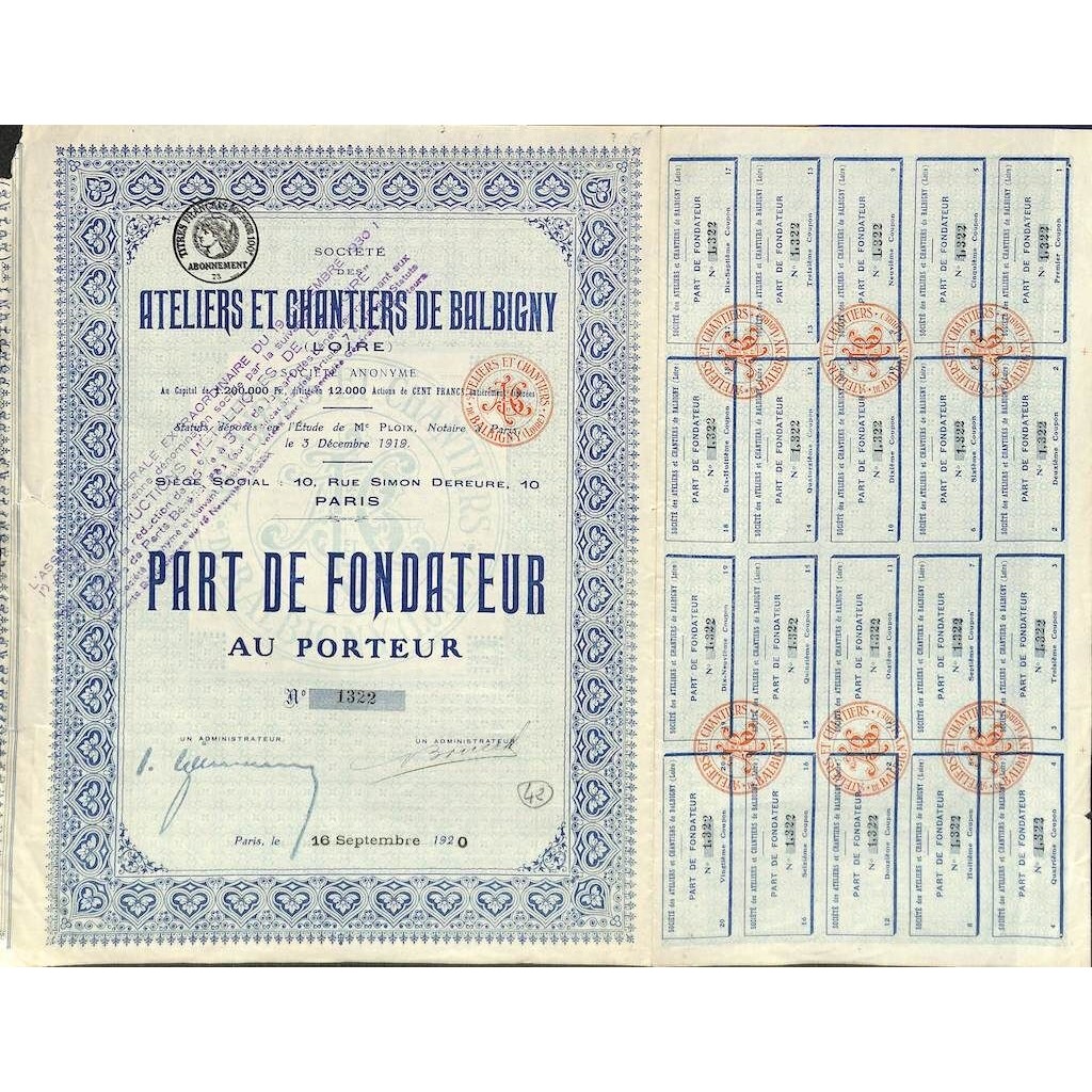 1920 - ATELIERS ET CHANTIERS DE BALBIGNY