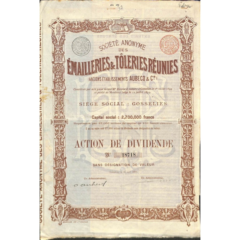 1899 - EMAILLERIES ET TOLERIES REUNIES SOC. ANON. DES