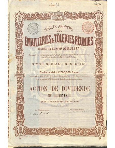 1899 - EMAILLERIES ET TOLERIES REUNIES SOC. ANON. DES