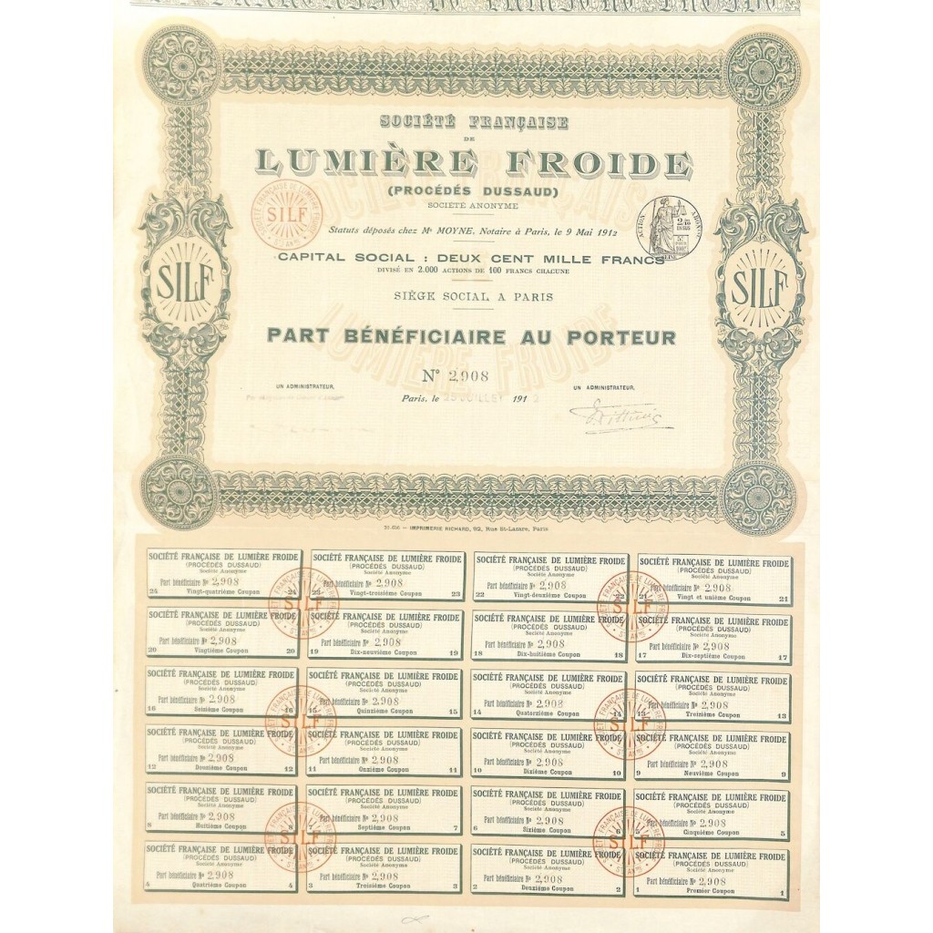 1912 - LUMIERE FROIDE (PROCEDES DUSSAUD) SOC. FRANCAISE DE