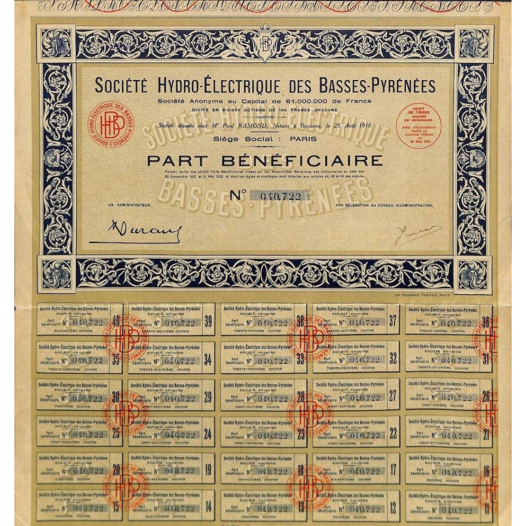 1932 - HYDRO-ELECTRIQUE DES BASSES-PYRENÉES SOC.