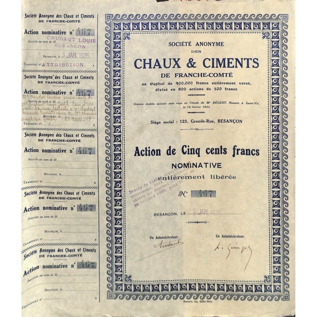 1935 - CHAUX ET CIMENTS DE FRANCHE-COMTÉ SOC....