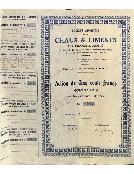 1935 - CHAUX ET CIMENTS DE FRANCHE-COMTÉ SOC. ANON. DES