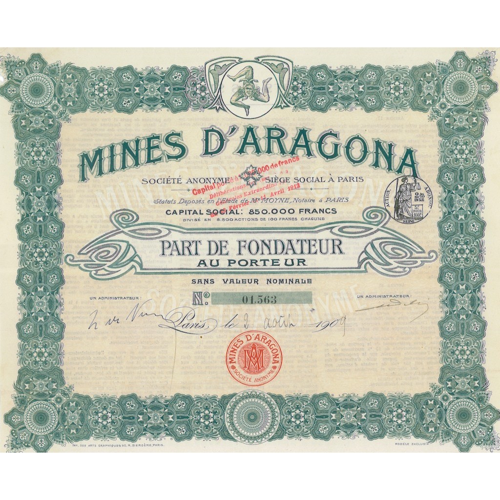 MINES D'ARAGONA - PARTE DI AZIONE PARIGI 1909