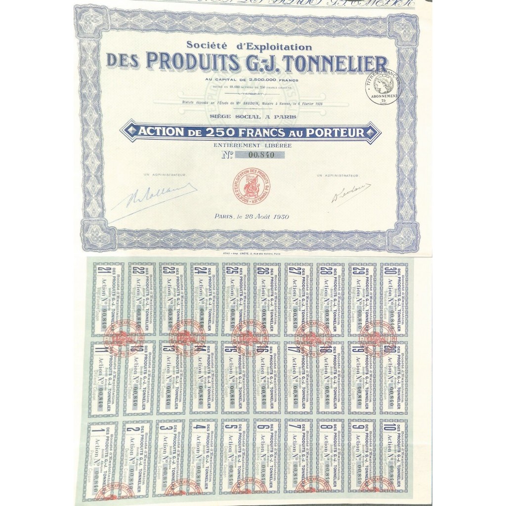1930 - PRODUITS G.- J. TONNELIER SOC....