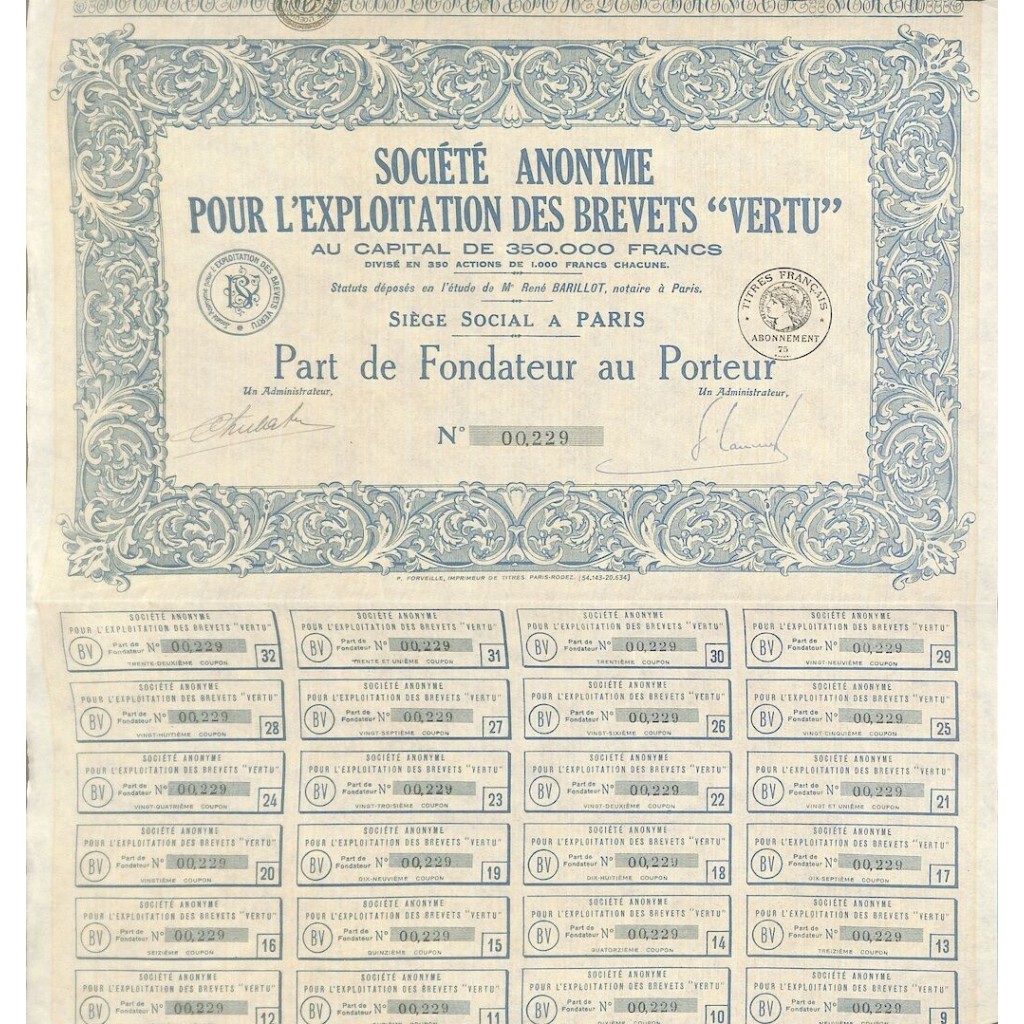 EXPLOITATION DES BREVETS VERTU SOC. ANON. POUR L'