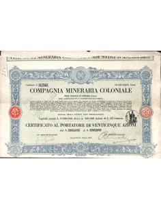 COMPAGNIA MINERARIA COLONIALE - 25 AZIONI TORINO 1918