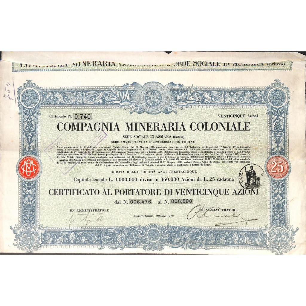 COMPAGNIA MINERARIA COLONIALE - 25 AZIONI TORINO 1918
