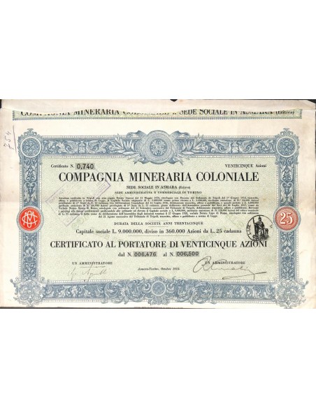 COMPAGNIA MINERARIA COLONIALE - 25 AZIONI TORINO 1918