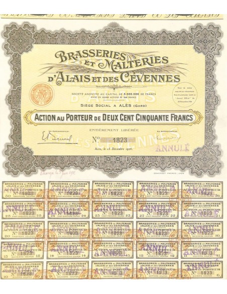 1926 - BRASSERIES ET MALTERIES D'ALAIS ET DES CEVENNES (AZIONE)
