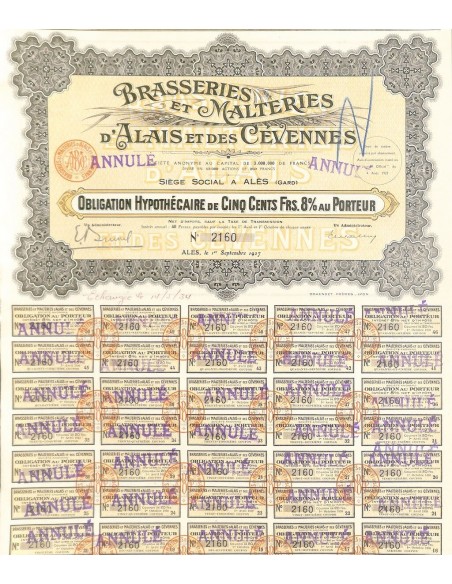 1927 - BRASSERIES ET MALTERIES D'ALAIS ET DES CEVENNES (OBBLIGAZ.)