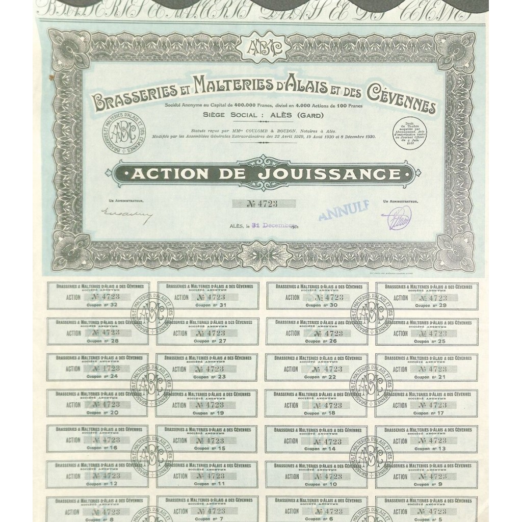 1931 - BRASSERIES ET MALTERIES D'ALAIS ET DES...