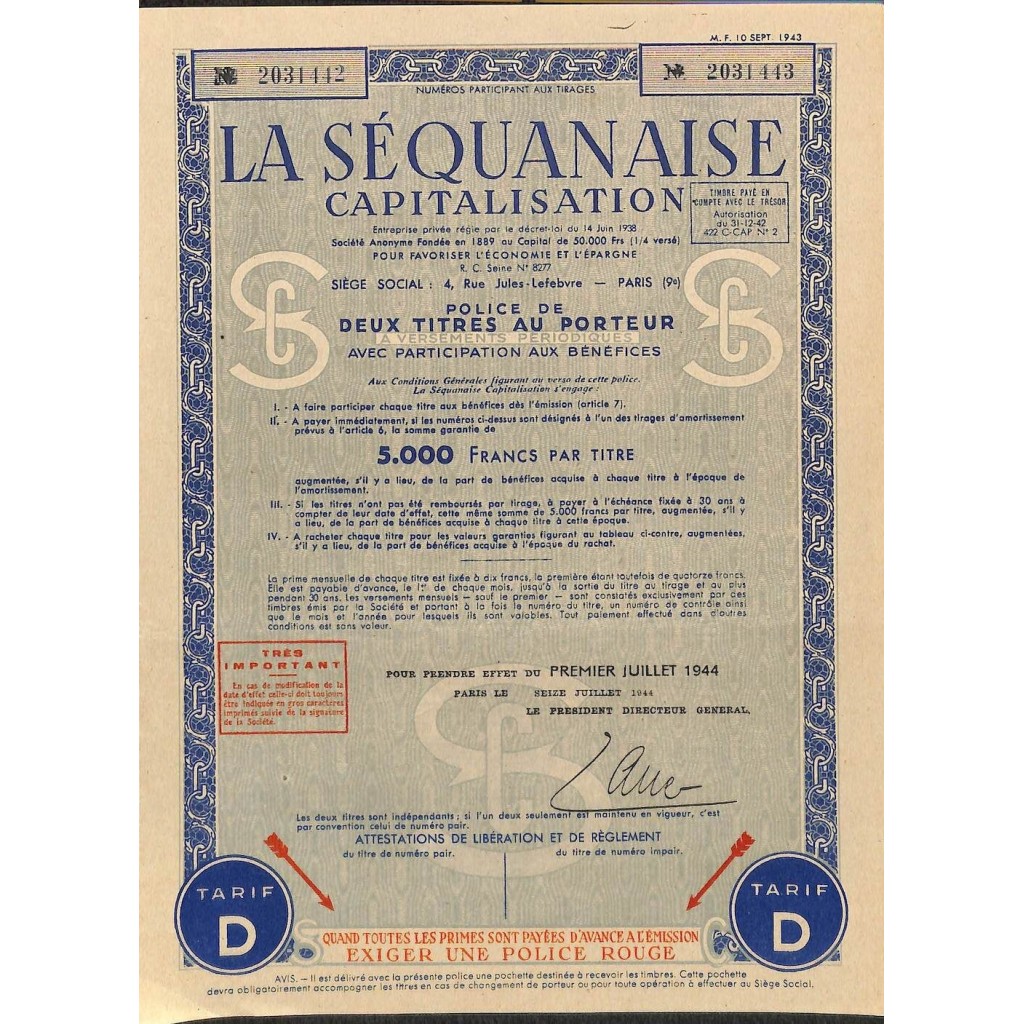 1944 - LA SEQUANAISE CAPITALISATION