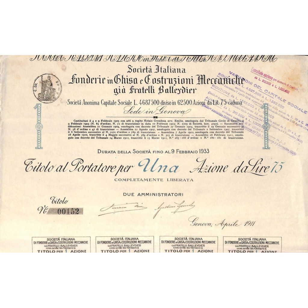 SOC. ITA. FONDERIE GHISA E COSTRUZIONI MECCANICHE 1 AZIONE GENOVA 1911