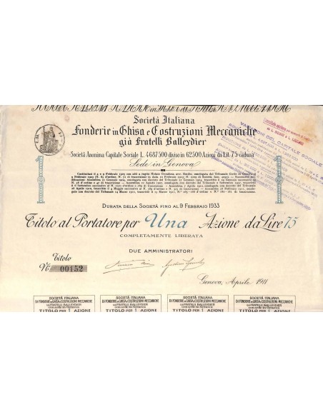 SOC. ITA. FONDERIE GHISA E COSTRUZIONI MECCANICHE 1 AZIONE GENOVA 1911