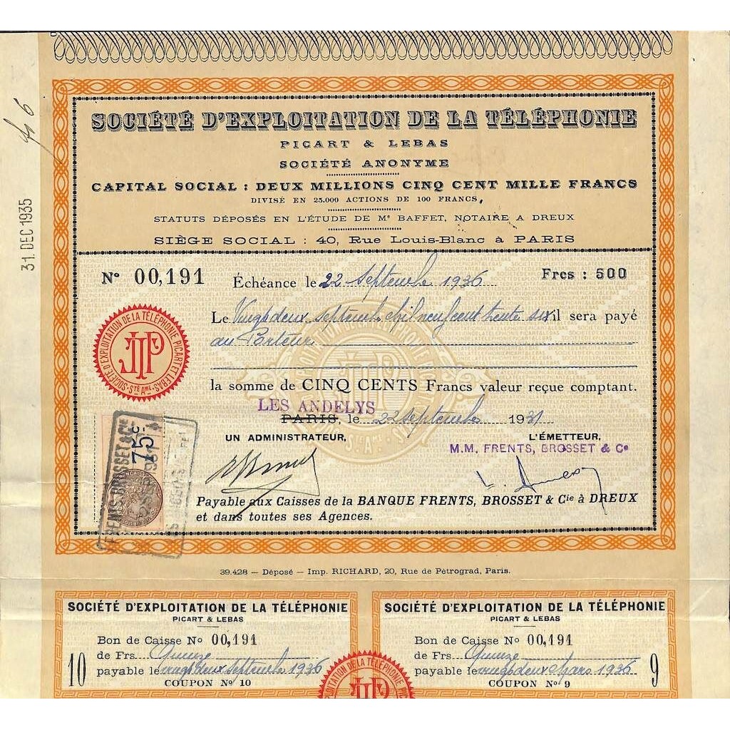 1931 - D'EXPLOITATION DE LA TELEPHONIE SOC.