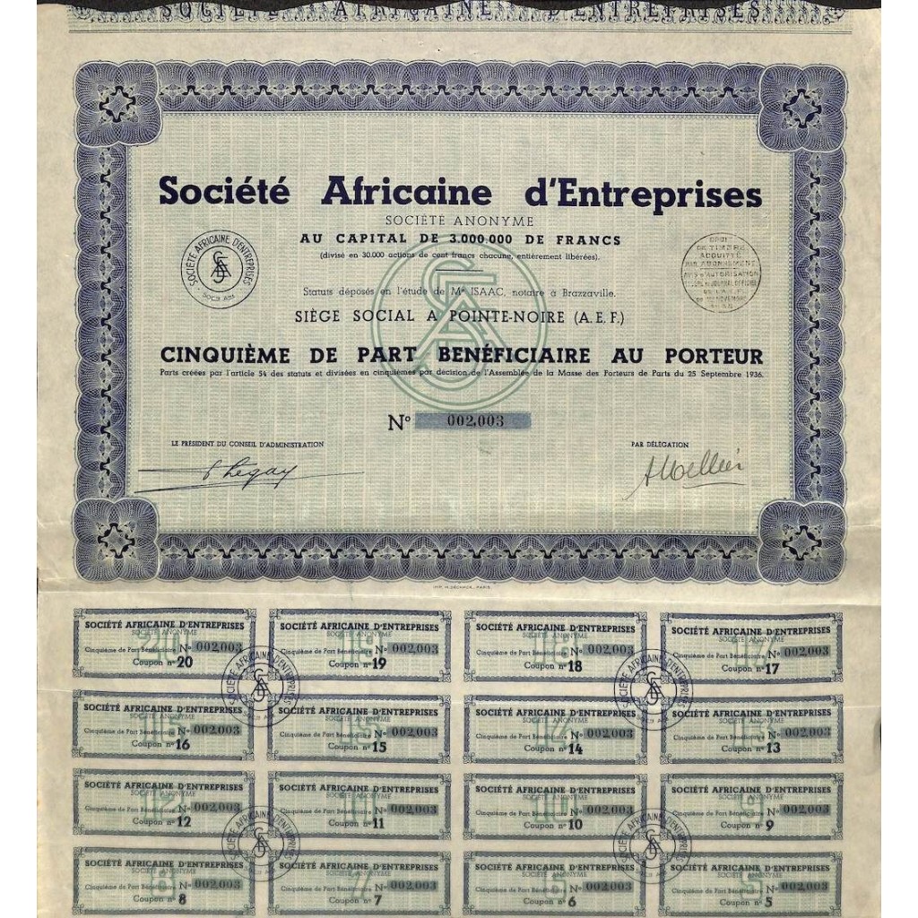 1936 - AFRICAINE D'ENTREPRISES SOC.