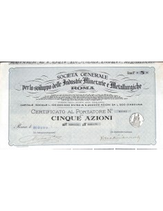 SOC. GEN. PER LO SVILUPPO DELLE IND. MINERARIE E METTAL. 5 AZIONI 1919