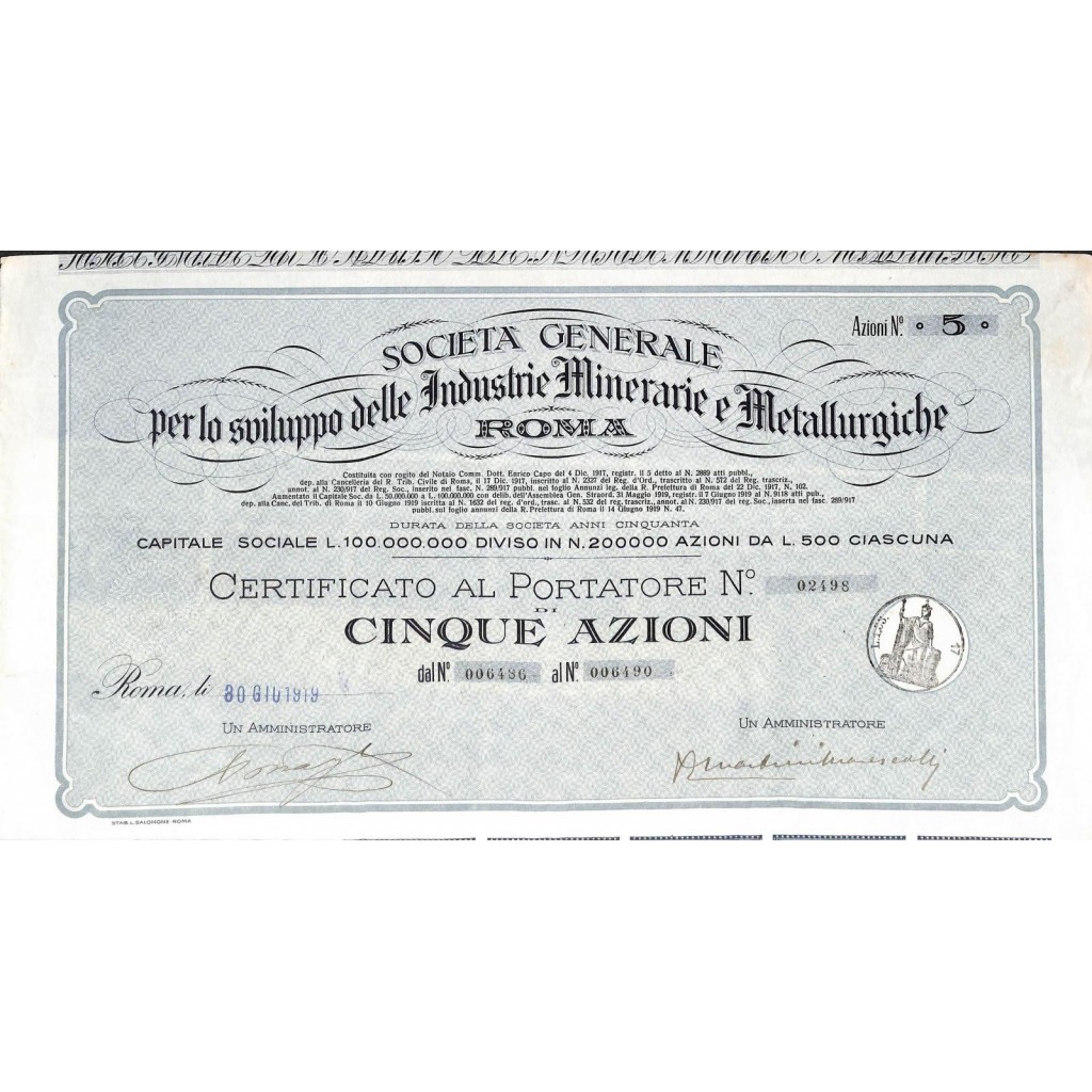 SOC. GEN. PER LO SVILUPPO DELLE IND. MINERARIE E METTAL. 5 AZIONI 1919