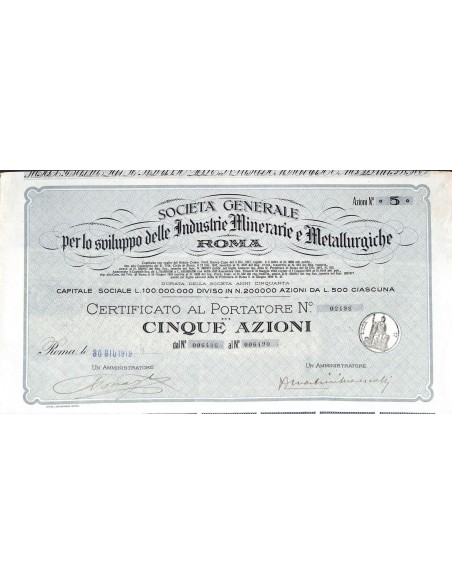 SOC. GEN. PER LO SVILUPPO DELLE IND. MINERARIE E METTAL. 5 AZIONI 1919