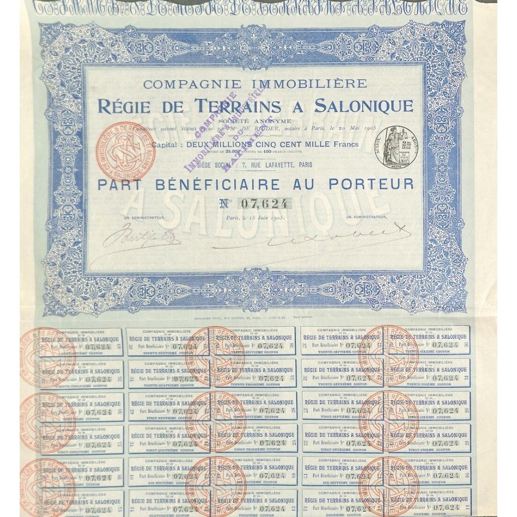 1905 - RÉGIE DE TERRAINS A SALONIQUE COMP. IMMOBILIERE ET DE
