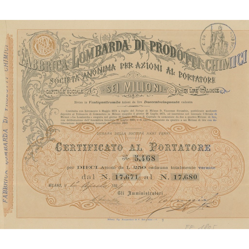 FABBRICA LOMBARDA DI PRODOTTI CHIMICI - 10 AZIONI MILANO 1884