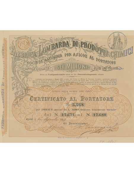 FABBRICA LOMBARDA DI PRODOTTI CHIMICI - 10 AZIONI MILANO 1884